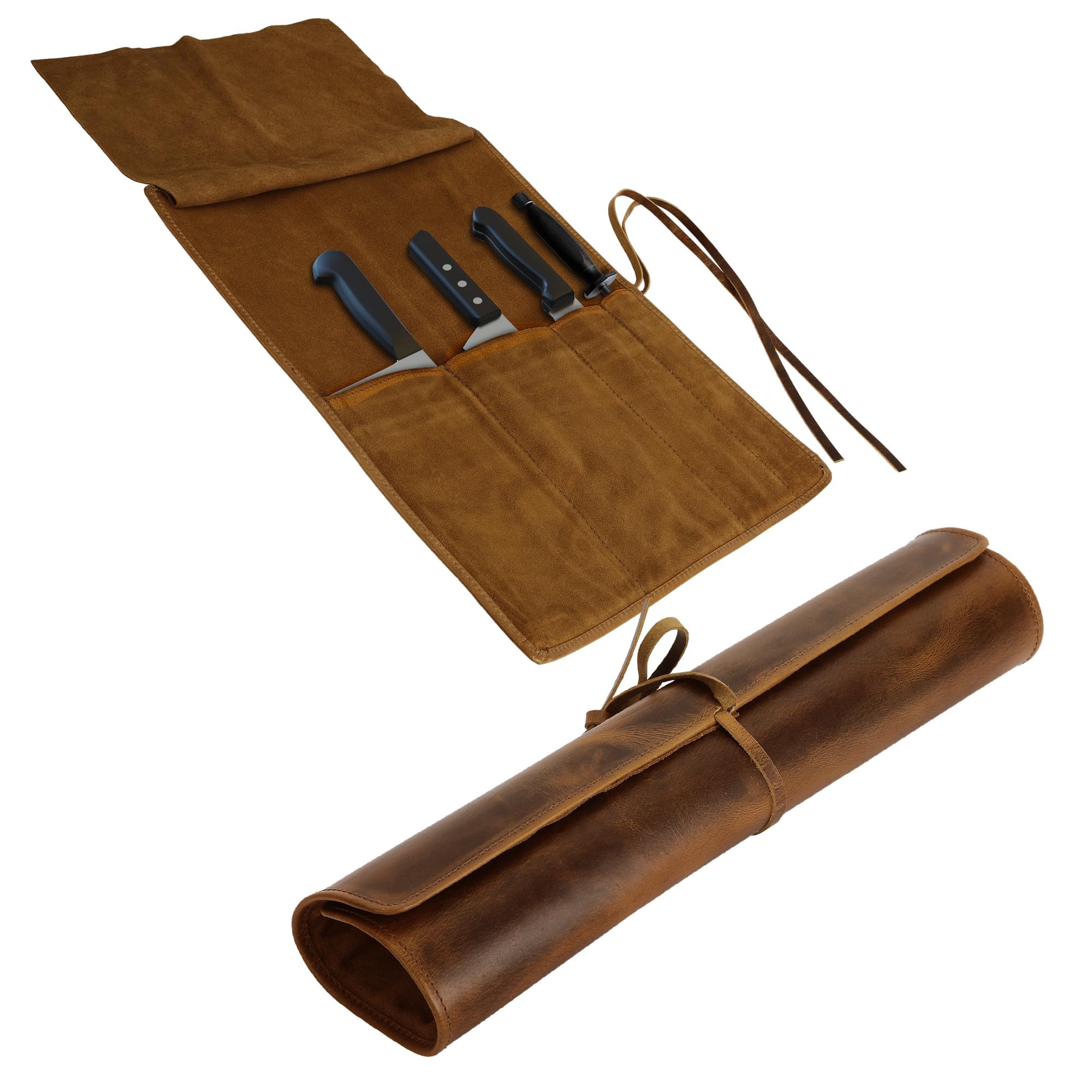 Leather Knife Roll Bag Professional Chef Knife Case, Durable Knife Sheath Holder, Cooks & Culinary Tools Carrying Storage, Portable Knife Wrap - 4 Slots