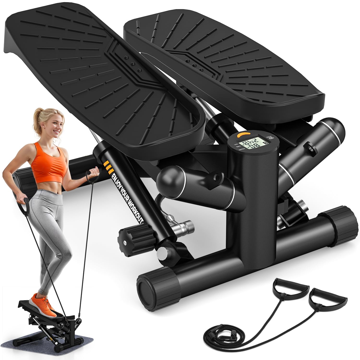 VANNECT Stepper Fitness Casa 2 in 1 con Power Ropes, Mini Stepper Silenzioso 150 kg con Monitor LCD Calorie Stepper Oscillante Su-Giù per Allenamento Gambe/Braccia/Glutei, Esercizio per Ufficio a Casa