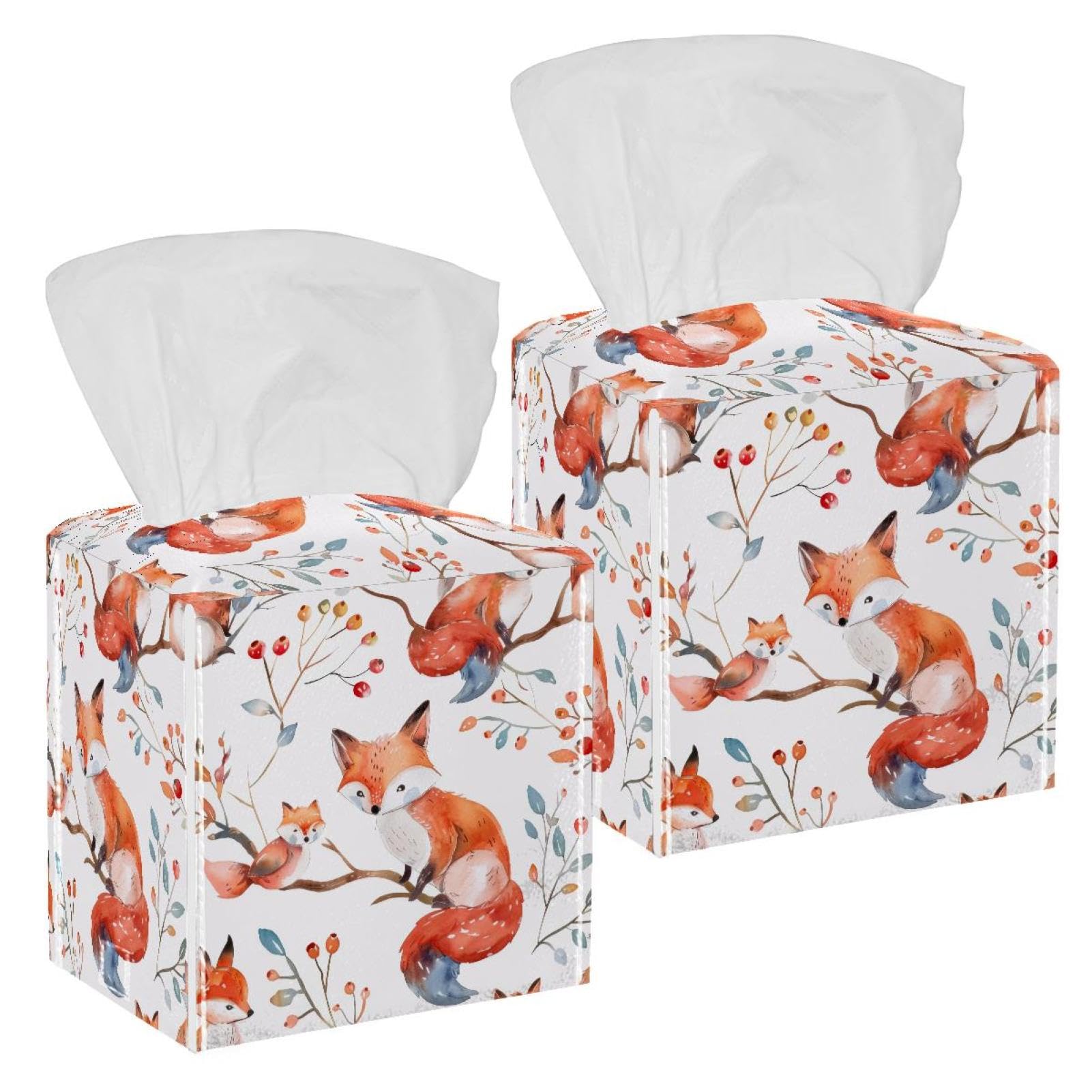 Watercolor Foxes Tissue Box Cover, 2 Pack PU Leather Square Facial Tissue Dispenser Box holder for Home Office Car