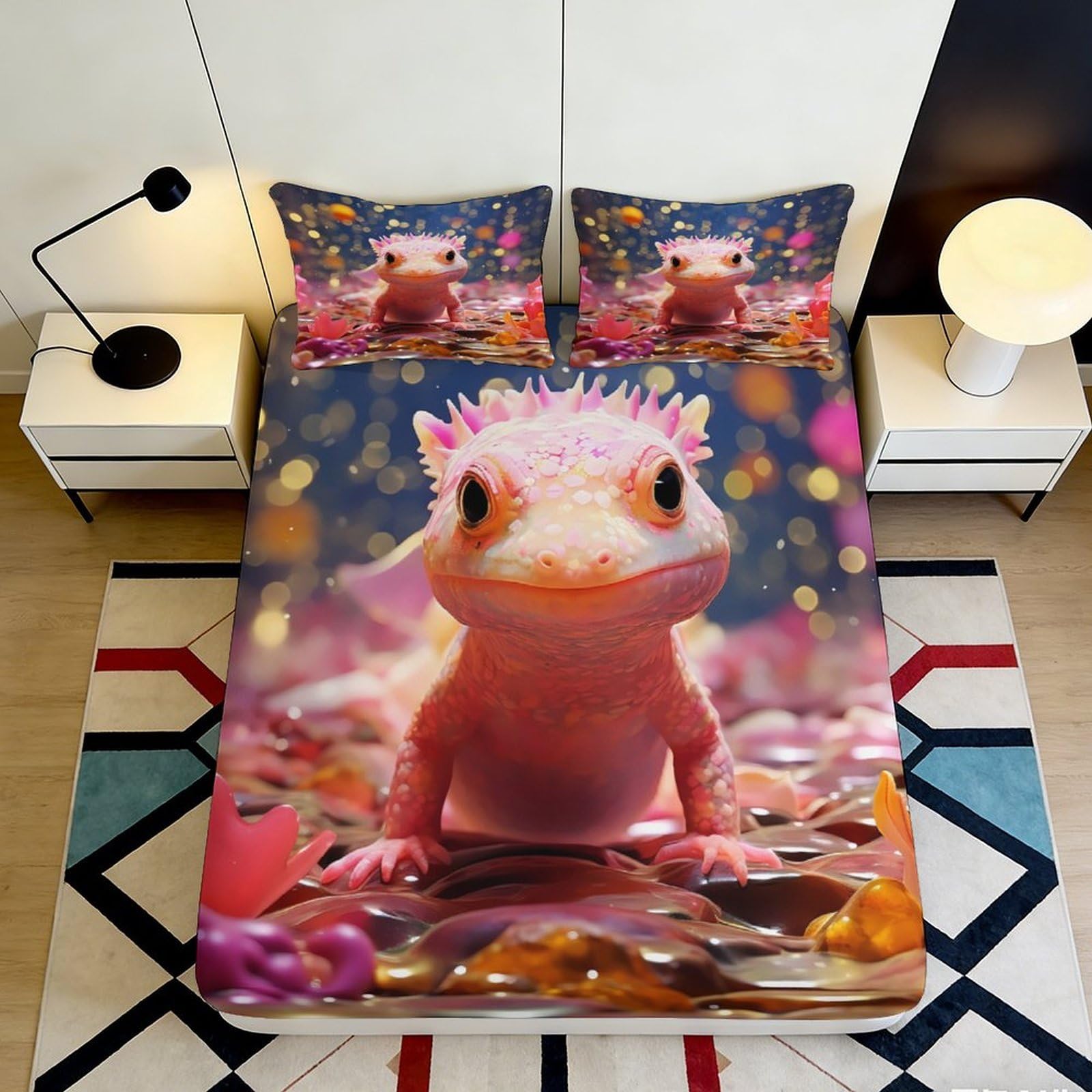 Pnayamiorkfel Style-8 3D Printed Pink Axolotl Fitted Sheet Microfiber Soft Decorative Fantasy Animal Bed Cover For Bedroom Dorm Mattress Protection 90X200x25cm