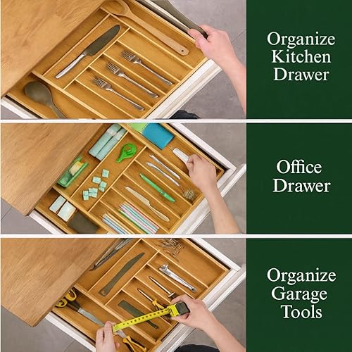 Miniatura 5 de Organizador de cajones de bambú  Bandeja extensible de 9 ranuras para cocina, oficina y cocina  Se adapta a cajones de 13 a 19.6 pulgadas, madera de