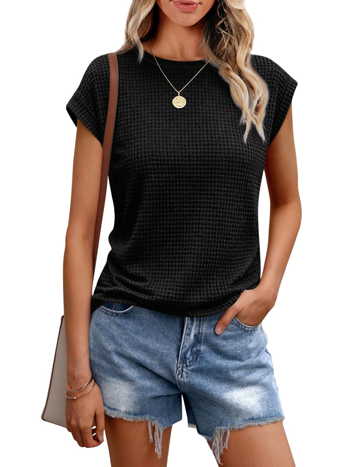 Chicrise T Shirt Damen Sommer Rundhals Waffelstrick Bluse Kurzarm Top Basic Business Outfit