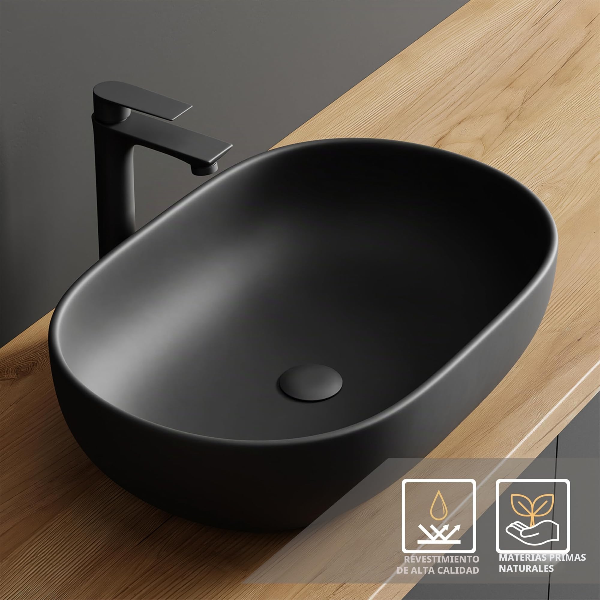 Planetmöbel Aquil Deluxe Lavabo Oval | Lavabo de encimera para baño y aseo de invitados | Lavabo sin orificio para grifo y desagüe | Negro mate, 60 x 40 x 15 cm