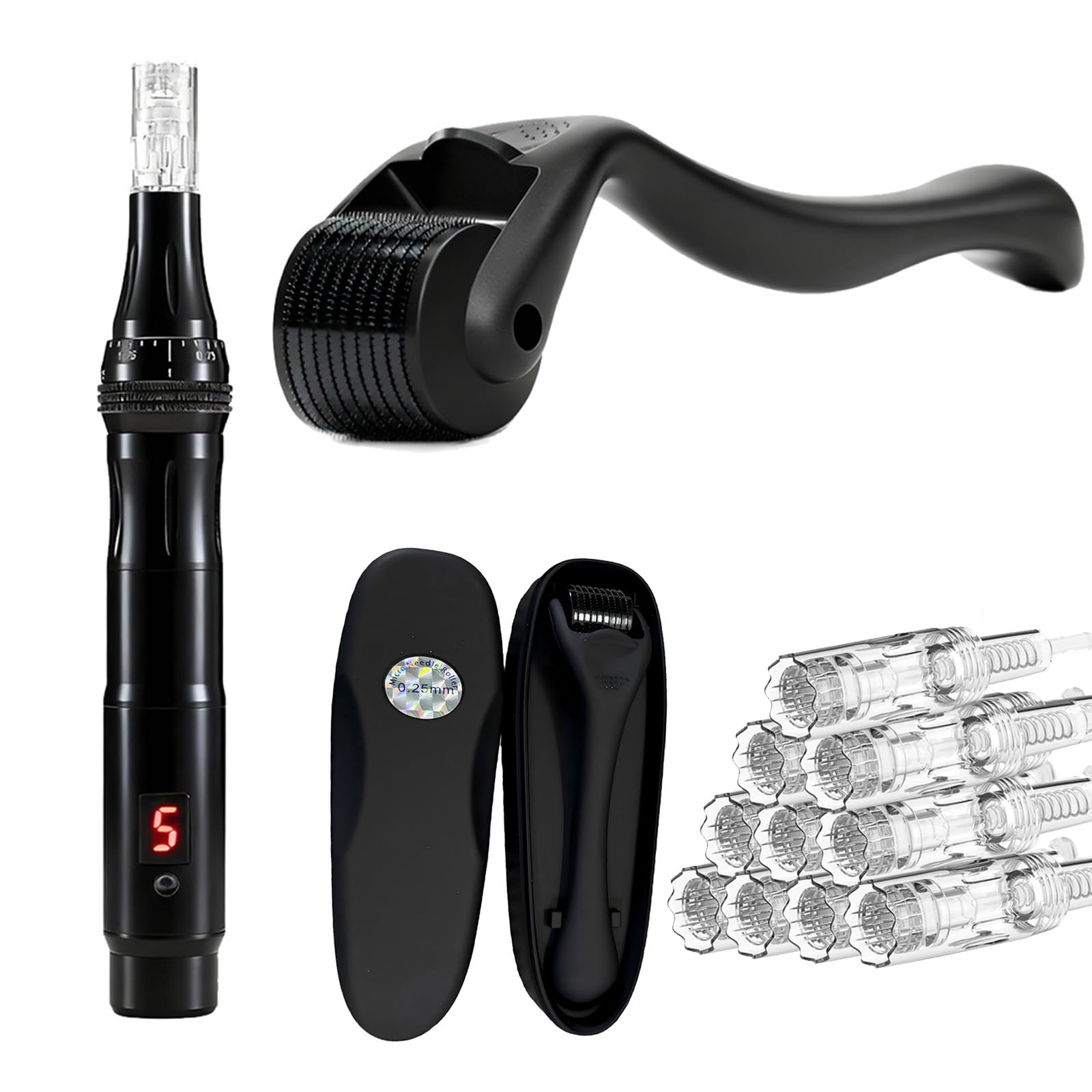 2IN1 Face Derma Rmaroller Rmapen +12Parts Titanium Facial Skin Face Body for Men Women Cosmetic Beauty Instrument #Roller+Pen(Black 2)