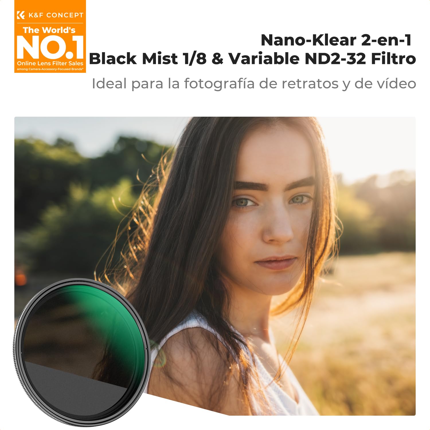 K&F CONCEPT Nano-Klear 67mm Filtro Black-Mist 1/8 & ND2-32 | Filtro Black Diffusion 1/4 & ND2-32 Variable Filtro de Vidrio Óptico con Nano Revestimiento con 3Pcs Paño Limpiez - FA304