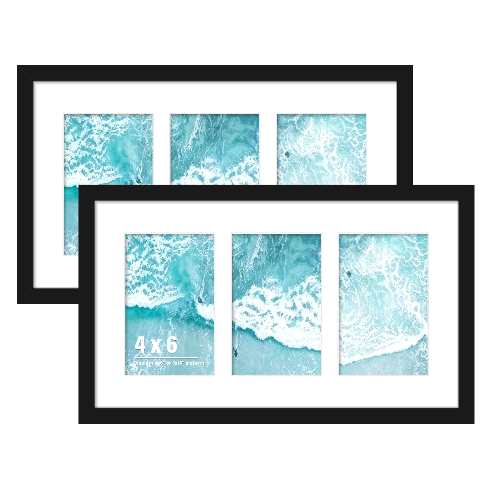 DUENPY 2-Pack 8x14 Collage Picture Frames, 4x6 Collage Picture Frame Displays Three 4x6 inch Photos, or 8x14 (Without Mat) for Available Horizontal Wall Mounting Display and Vertical, Black