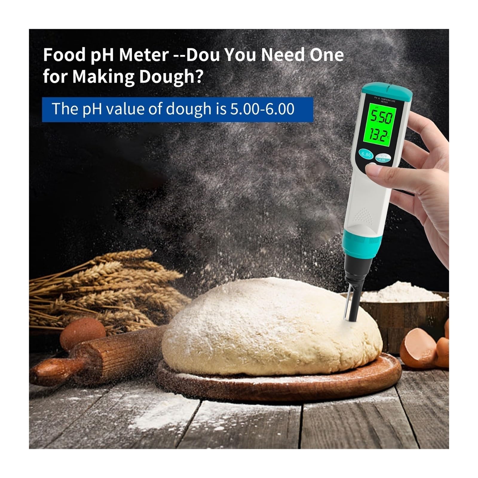 Equipo de Prueba de Agua, Medidor de pH Alimentos 0,00~14, Probador Temperatura Sensor Alta precisión Analizador acidez for Carne Enlatado Queso Masa Agua