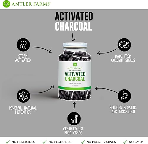 Miniatura 5 de Antler Farms - Carbón activado de coco orgánico 100% puro, 180 cápsulas de 260 mg - Cosechado silvestre, cáscara de coco virgen, grado alimenticio