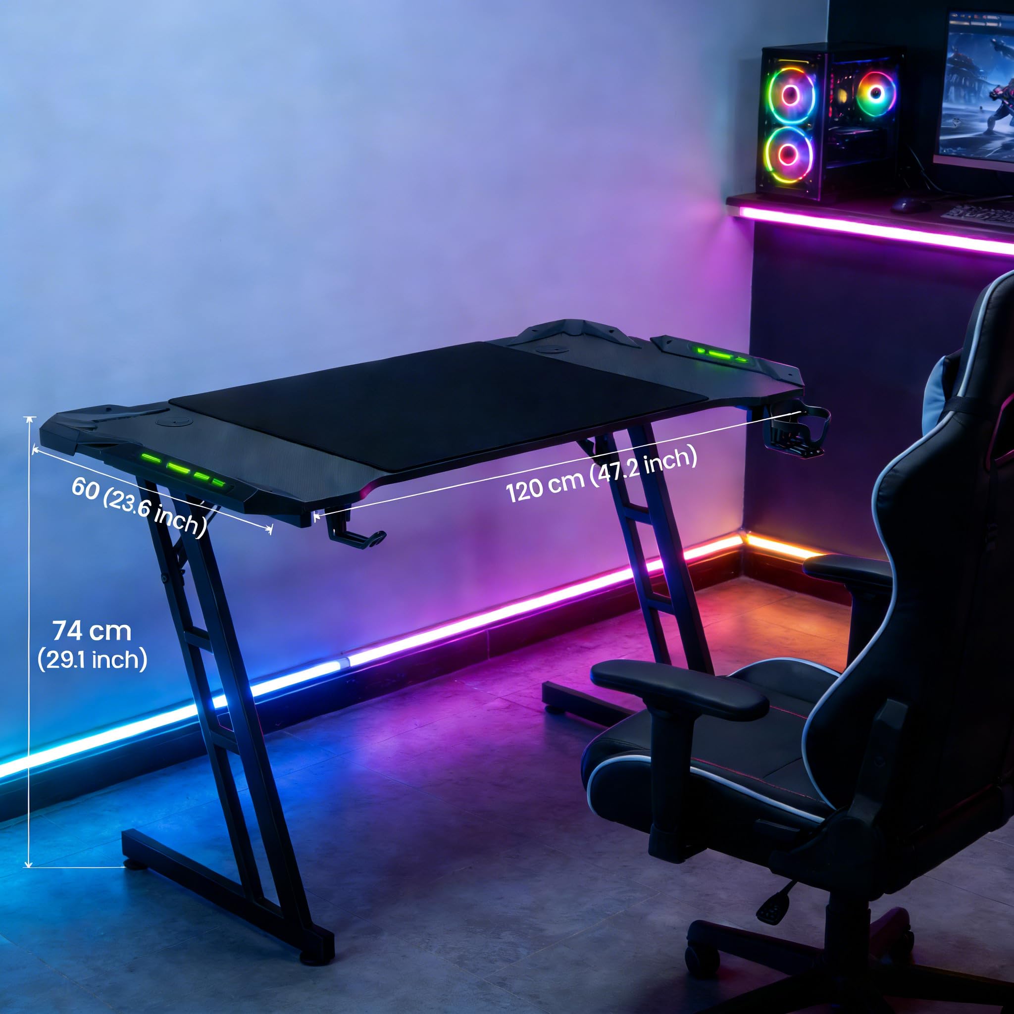 Biurko do gier Led 120 x 60, ergonomiczny stół do gier komputerowych ze światłem RGB, stół dla graczy w kształcie litery Z, stół dla graczy z uchwytem na kubek i haczykiem na kask, taca z włókna