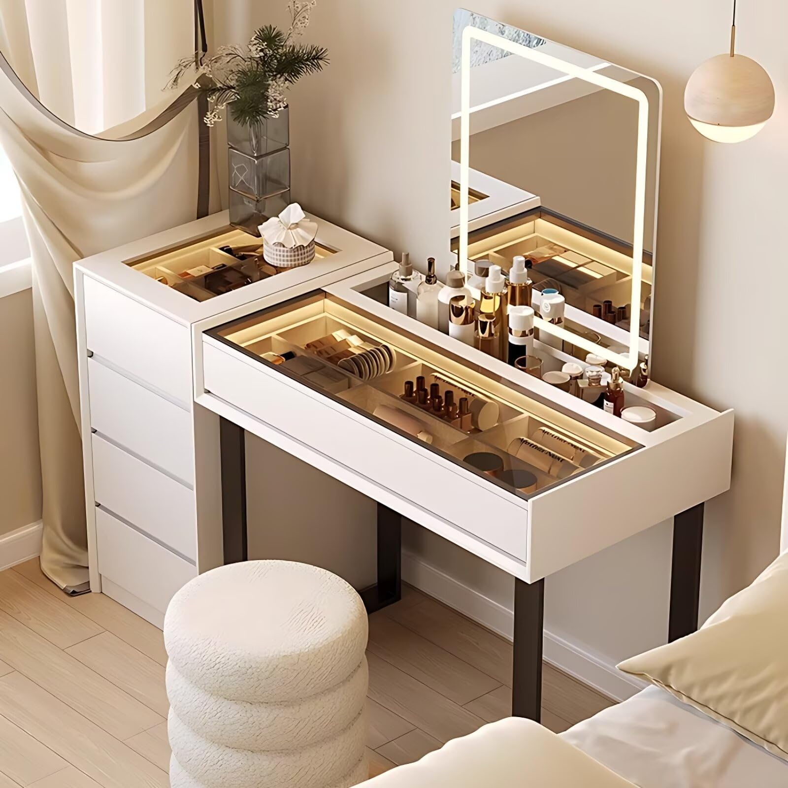 Makeup Vanity Desk - Vanity Set with Smart LED Mirror, A Cabinet with 4 Drawers, Makeup Chair, Solid Wood Frame Dressing Table Include Tempered Glass Desktop for Bedroom (White,31.5'')