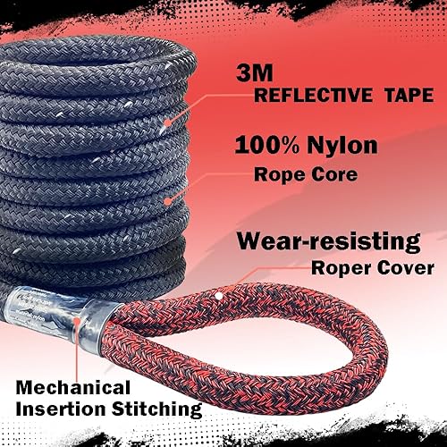 Miniatura 3 de Cuerda de remolque de recuperación cinética de 34 pulgadas x 20 pies (MBS 22,000 libras) con cinta reflectante y 2 grilletes suaves (35,000 libras),