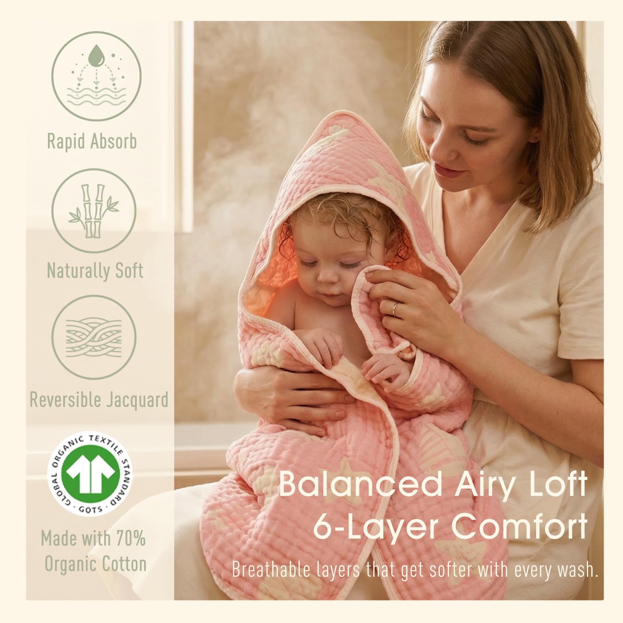 Glattol HardNok Bamboo Muslin Baby Towel Hooded,32 x 32 Inches Silk Soft and Comfortable 6 Layer Large Bath Towel for Boys,Girls(Ocean Pink)……