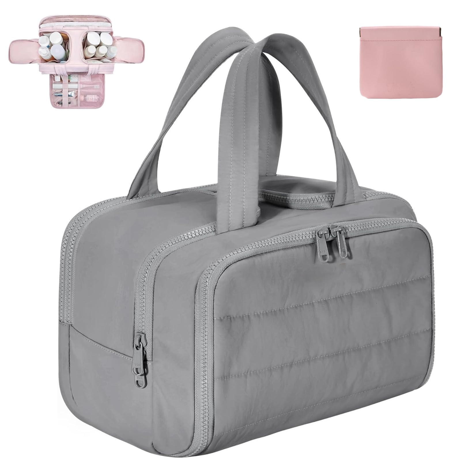 SiQiYu Large Capacity Wide-Open Travel Cosmetic Bag, Curetoaway Travel Cosmetic Bag, Pouch Open Flat Toiletry Bags for Women, Waterproof Portable (Gray)