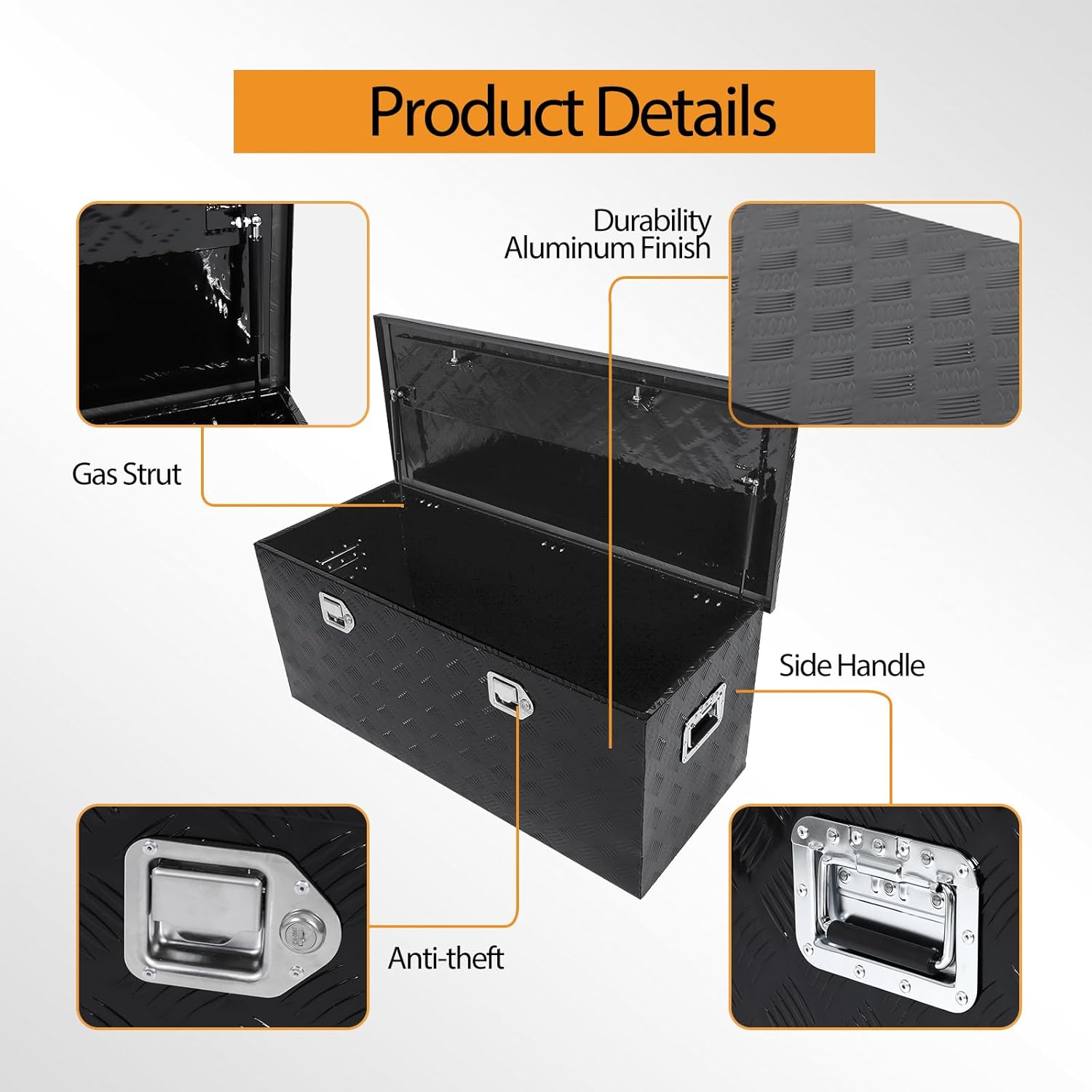 44 Inch Heavy Duty Aluminum Stripes Plated Truck Bed Tool Box with Side Handle，Lock and Keys, 44×18×18 Inch Waterproof Storage Organizer for Pick up, Truck Bed, ATV, RV, Trailer