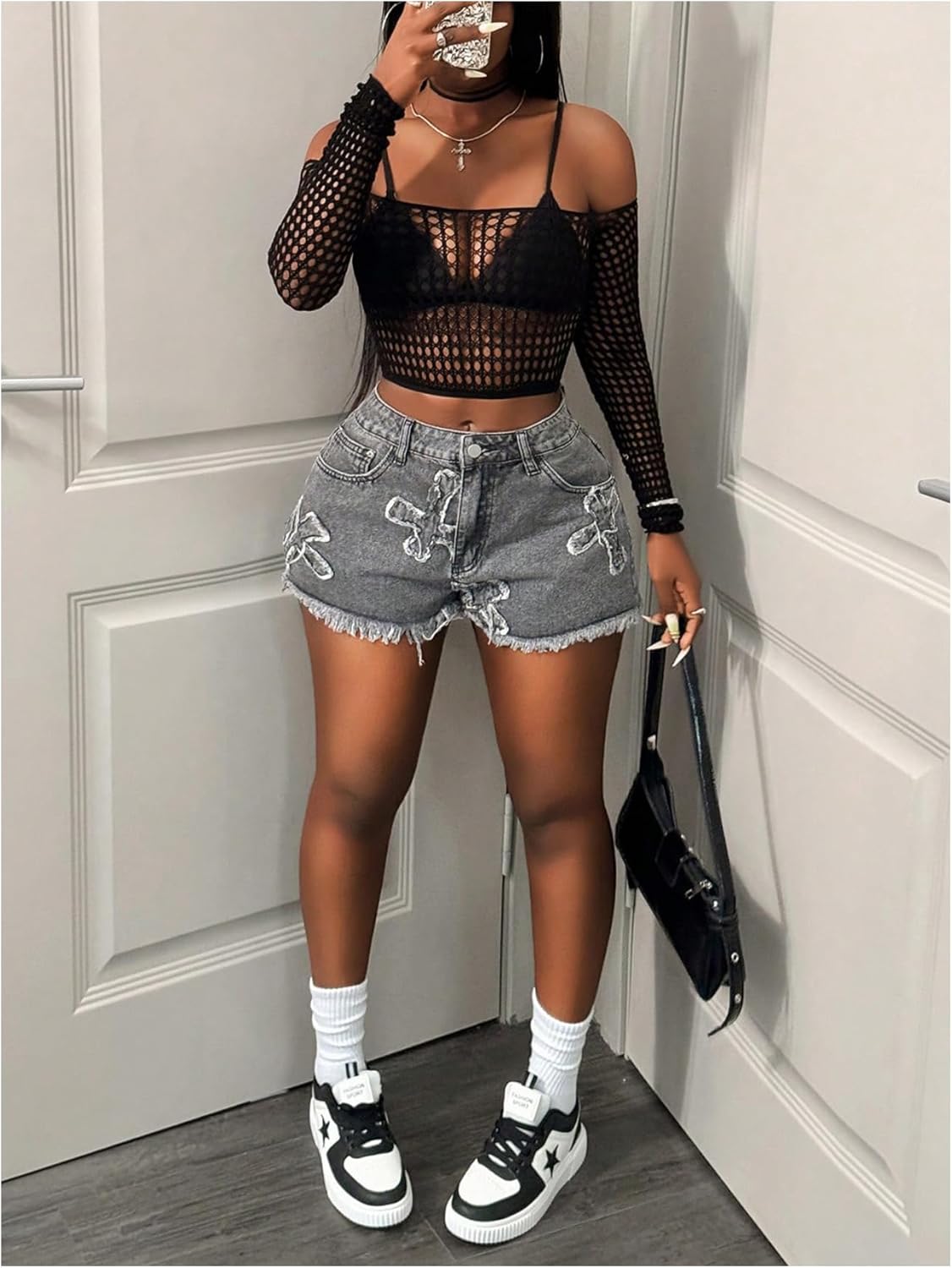 Floerns Women's Hollow Out Mesh Long Sleeve Crop Tops Off The Shoulder Y2k T Shirts - Image 5