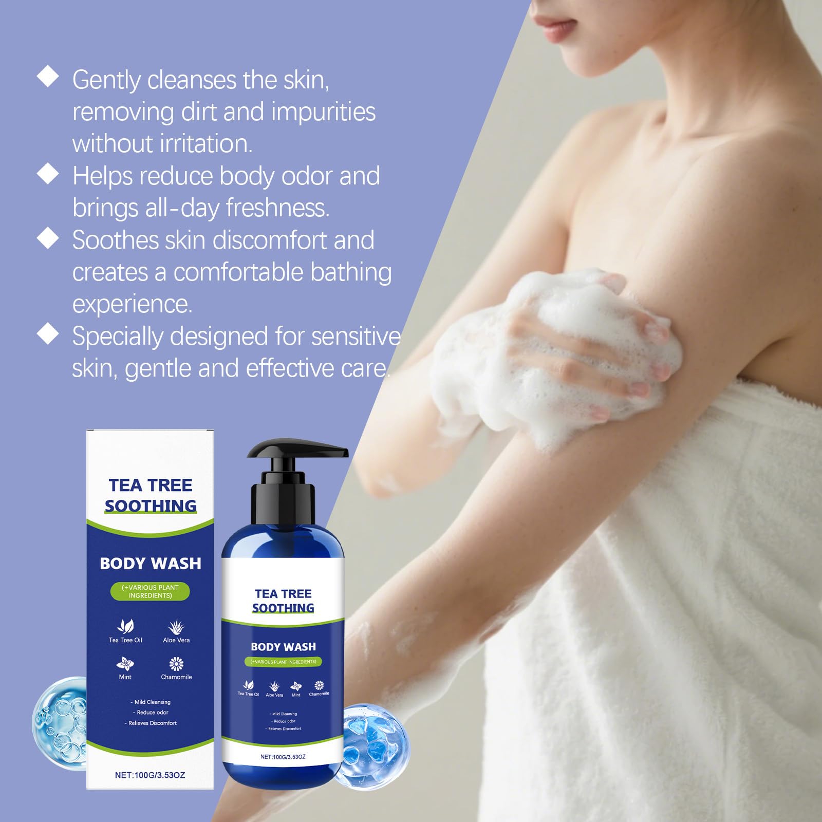 Tea Tree Gel doccia lenitivo con olio di tea tree e aloe vera, pulizia delicata per uomo e donna, aiuta a rinfrescare e ridurre l'odore del corpo, idratante per pelle liscia e sana (6 pezzi)