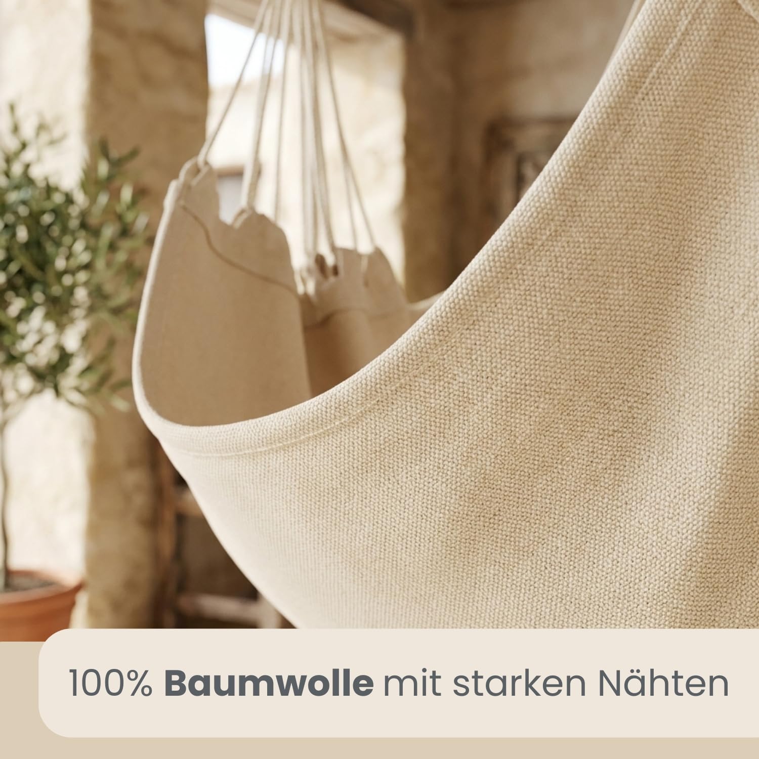 AMANKA XXL Hängesessel Beige 185x130 cm belastbar bis 150kg – Hängestuhl ideal zum Lesen & Entspannen – Hängesitz aus Baumwolle für Drinnen und Draussen ohne Gestell- Schwebesessel für 2