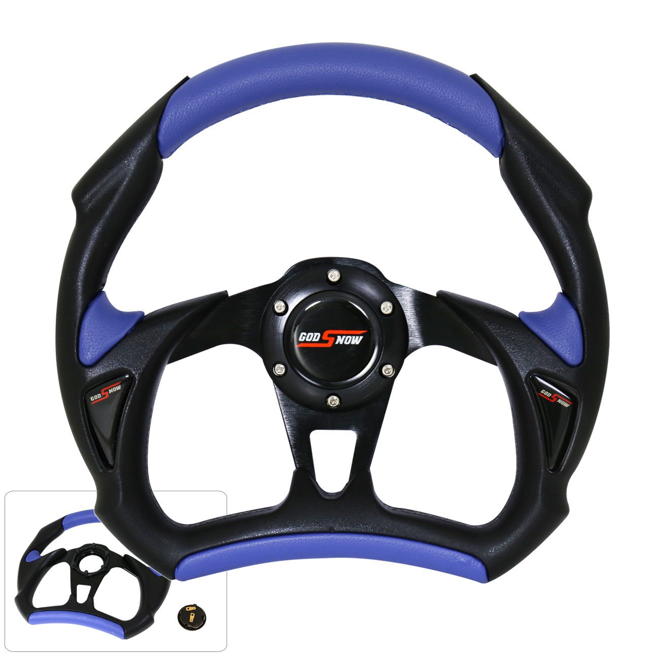 AJP Distributors Universal 320mm 6 Bolt Hole Pvc Leather Black Blue Steering Wheel Jdm Godsnow Horn Button Set Logo Upgrade Replacement
