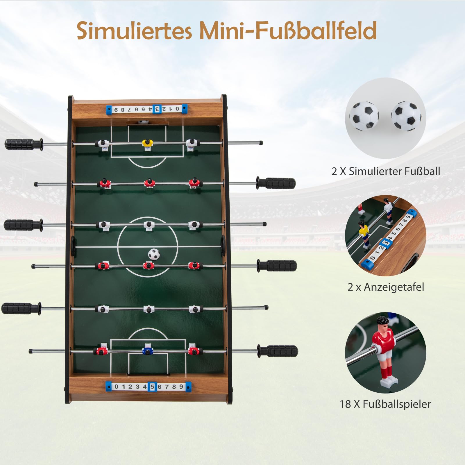 DREAMADE Tischkicker Kinder und Erwachsene, Fußballtisch mit 2 Kickerbälle & 18 Kickers, Tischfußball Spieltisch, Kickertisch aus Holz 69 x 65 x 24 cm