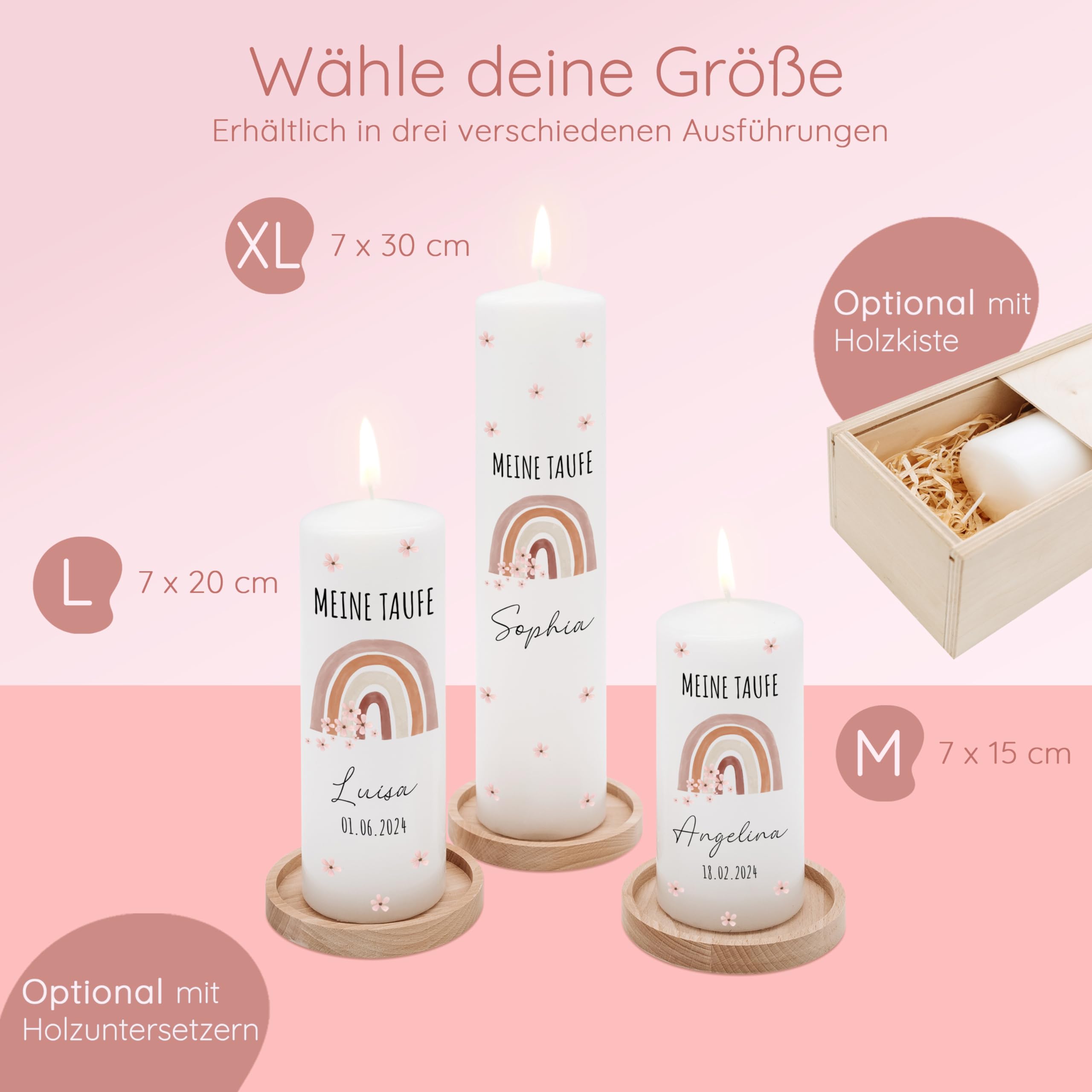 Bärenfreunde® - Personalisierte Taufkerze mit Spezial-Druck (M, L, XL) - ohne Ruß-Bildung - mit Holzkiste oder Untersetzer - Taufe Geschenk, Geschenk zur Geburt (XL Kerze)