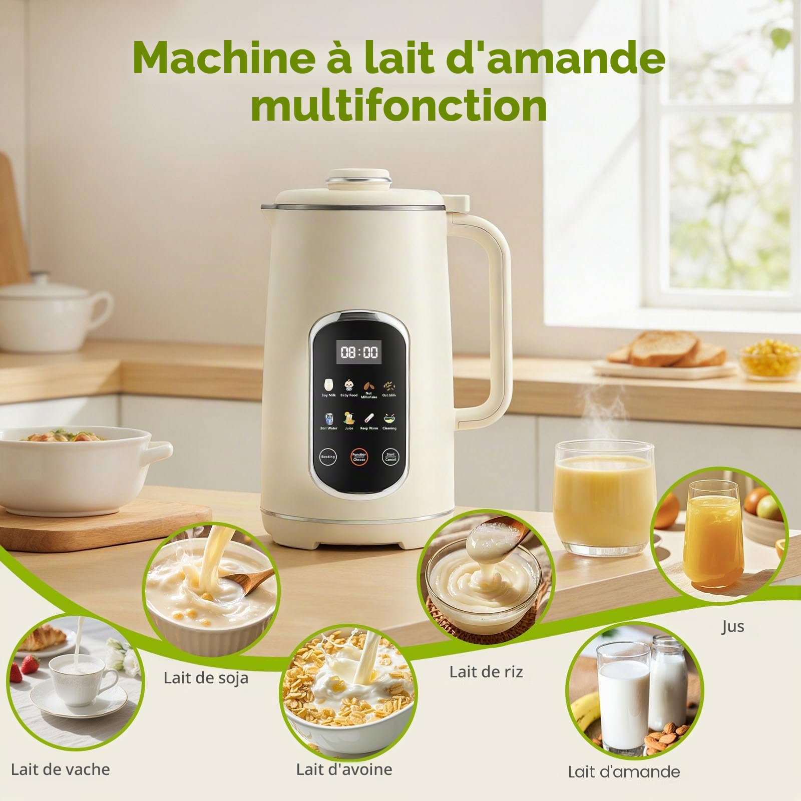 Machine à lait de soja, 1200 ml, automatique, avec 12 lames, affichage LED, fonction de maintien au chaud pendant 8 heures et auto-nettoyage pour lait végétal, soja, lait d'amande, avoine