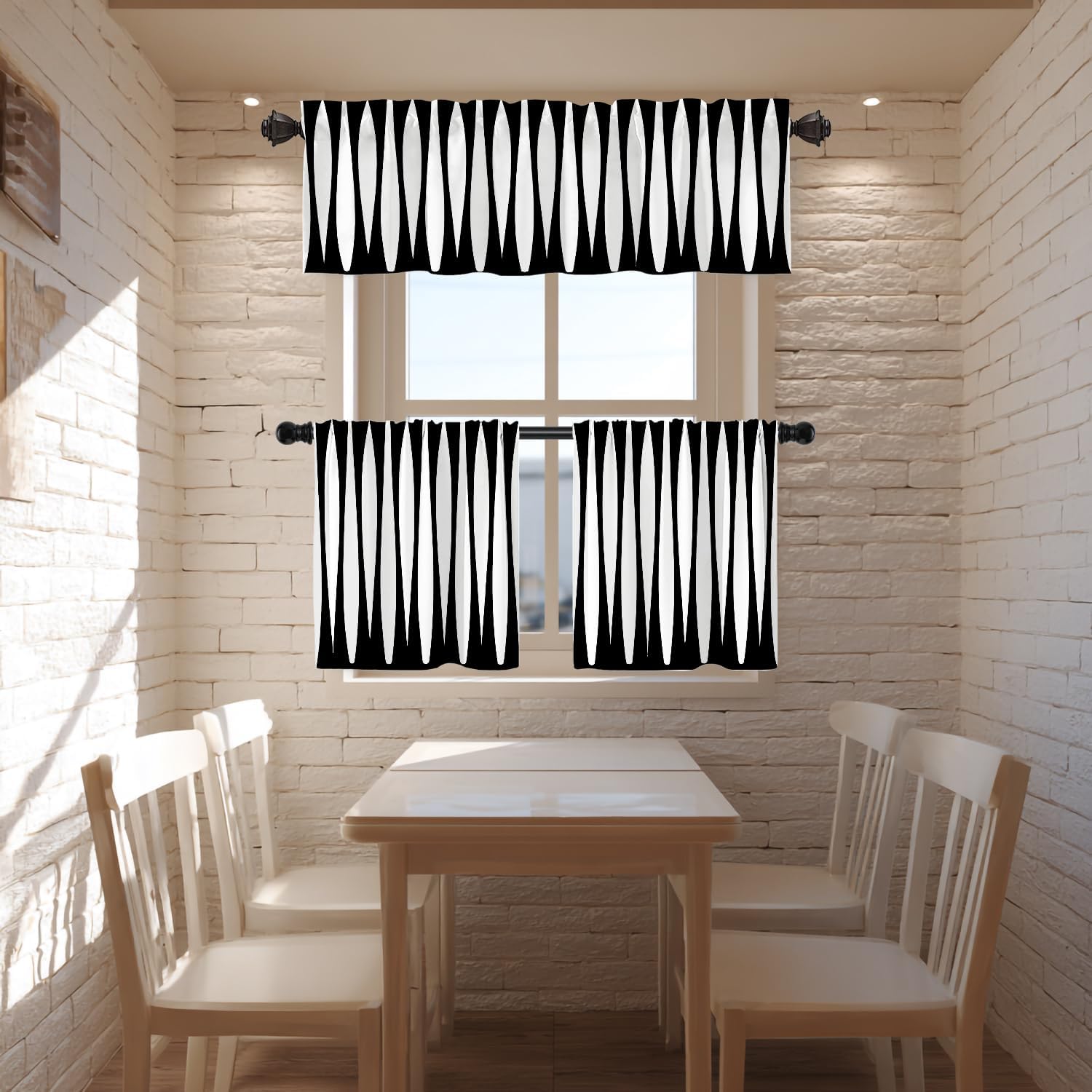 Black Modern Curve Stripes Cafe Curtains 36 Inch Length, Black White Zebra Stripe Blackout Tier Curtain Multilayer Polyester Short Kitchen Drapes 2 Pack 36X26 Inches