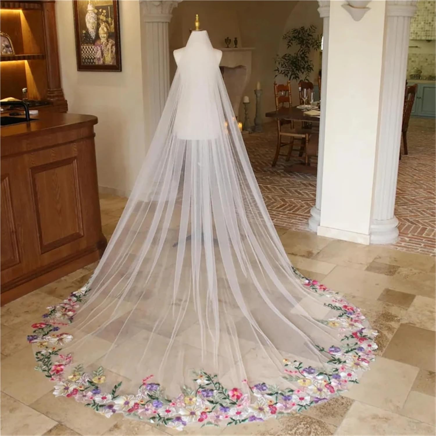 Colorful Floral Cathedral Wedding Bridal Veils With Comb Long Accessories Brides