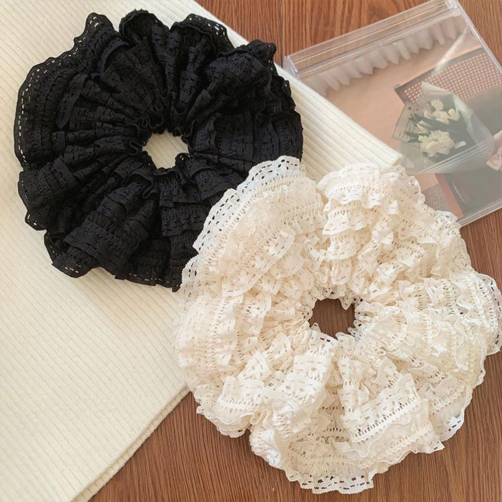 Ashkash 2pcs Elegant Vintage-Inspired Lace Large Hair Scrunchies for Women - Double Layered, Hollow-Out Design, Soft Fabric, Black & White, Perfect for Valentine'S Day, Stylish Hair Accessory-image-29