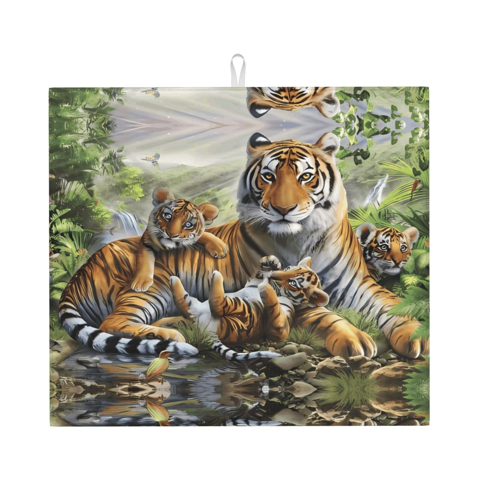 HJFCZH Jungle Tigers Cub Prints Kitchen Drying Mat – Absorbent Microfiber Throw for Dishes, Non-Slip Counter Cover, Quick-Drying Layer with Fade-Resistant Print