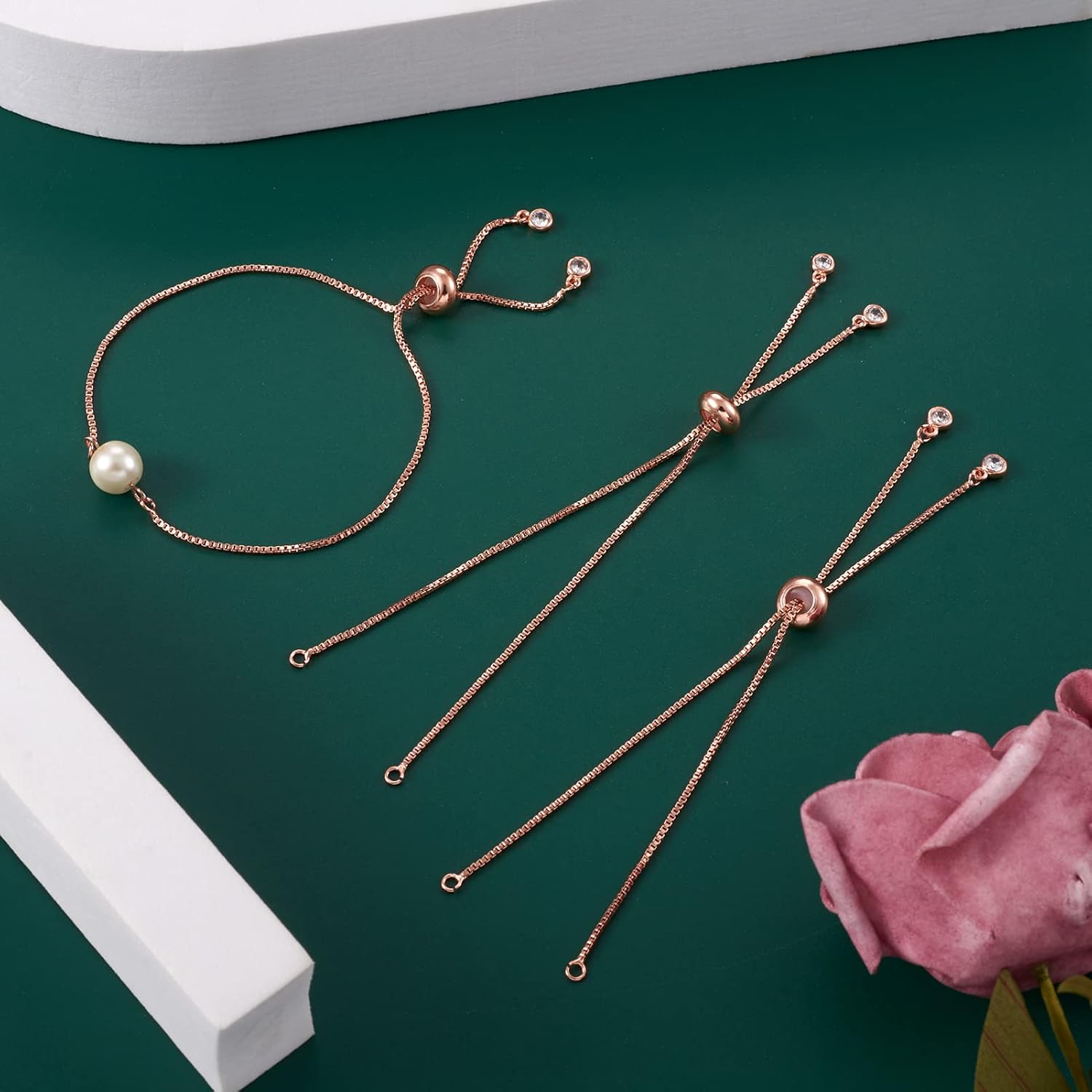 FASHEWELRY 20 Strands Adjustable Brass Bracelet Slider Extender Chains with Rhinestone Ends 4.72-4.96 Inch Real Rose Gold Plated for DIY Jewelry Making - Image 3
