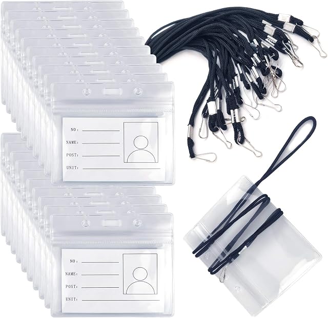 20Pcs Clear Plastic Horizontal Name Tags Badge ID Card Holds and 20Pcs Neck Lanyards with Hook for Business Exhibition Office Group Students Adults Set (Large) Flushable