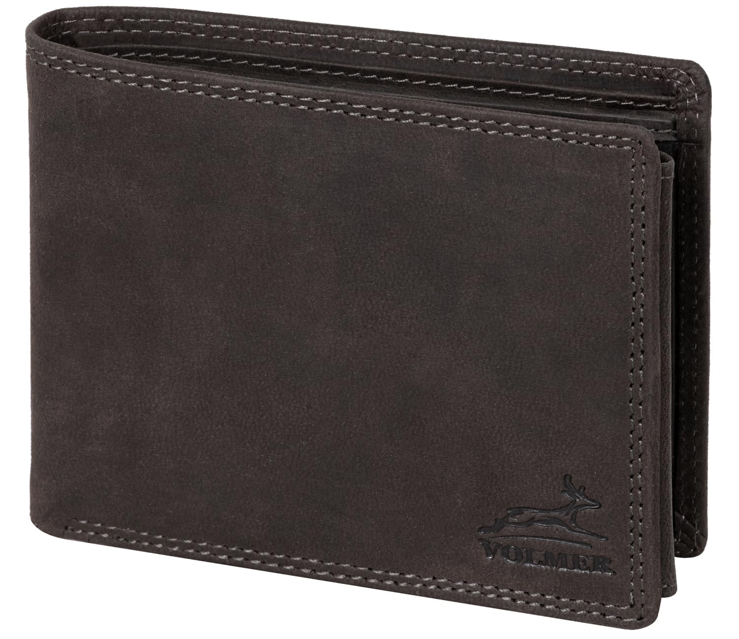 Fa.Volmer ® Leder Geldbörse Herren - extra-stabile Doppelnaht - 9 Fächer für Kreditkarten - Querformat - VO11 (04 Hunter Grau)