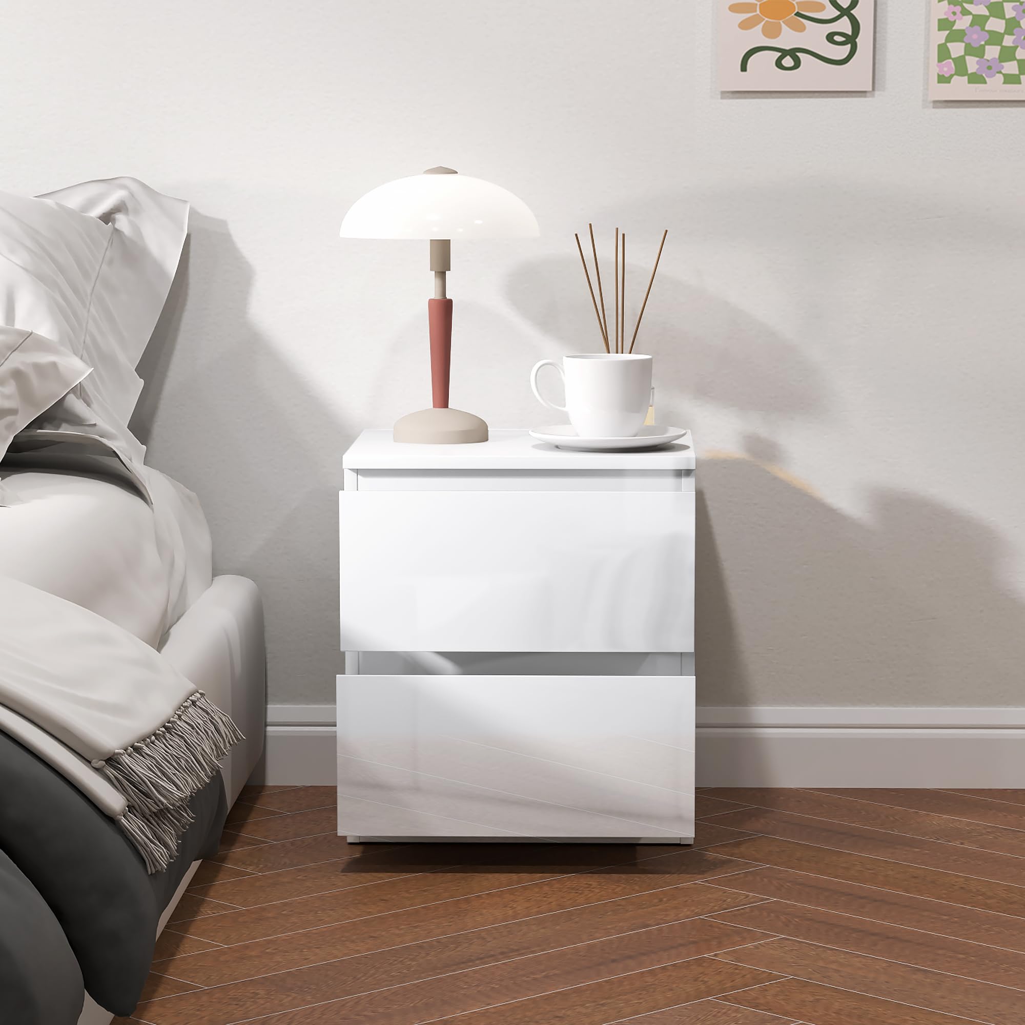 HOMCOM Mesita de Noche Moderna Mesilla de Noche con 2 Cajones Mesa de Noche Mesa Auxiliar para Dormitorio Salón 40x34x45 cm Blanco Brillo