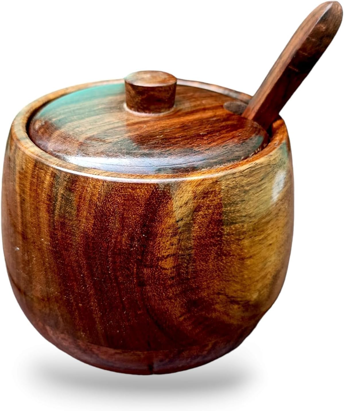 Jtku Handicraft01 Wooden Salt Box with Lid & Wooden Spoon Round Salt Container Bowl Pot Jar, Spice Jar,Tea Jar, Pure Sheesham Wood for Dinning Table Kitchen Dressing Seasoning & Spice Dispensers