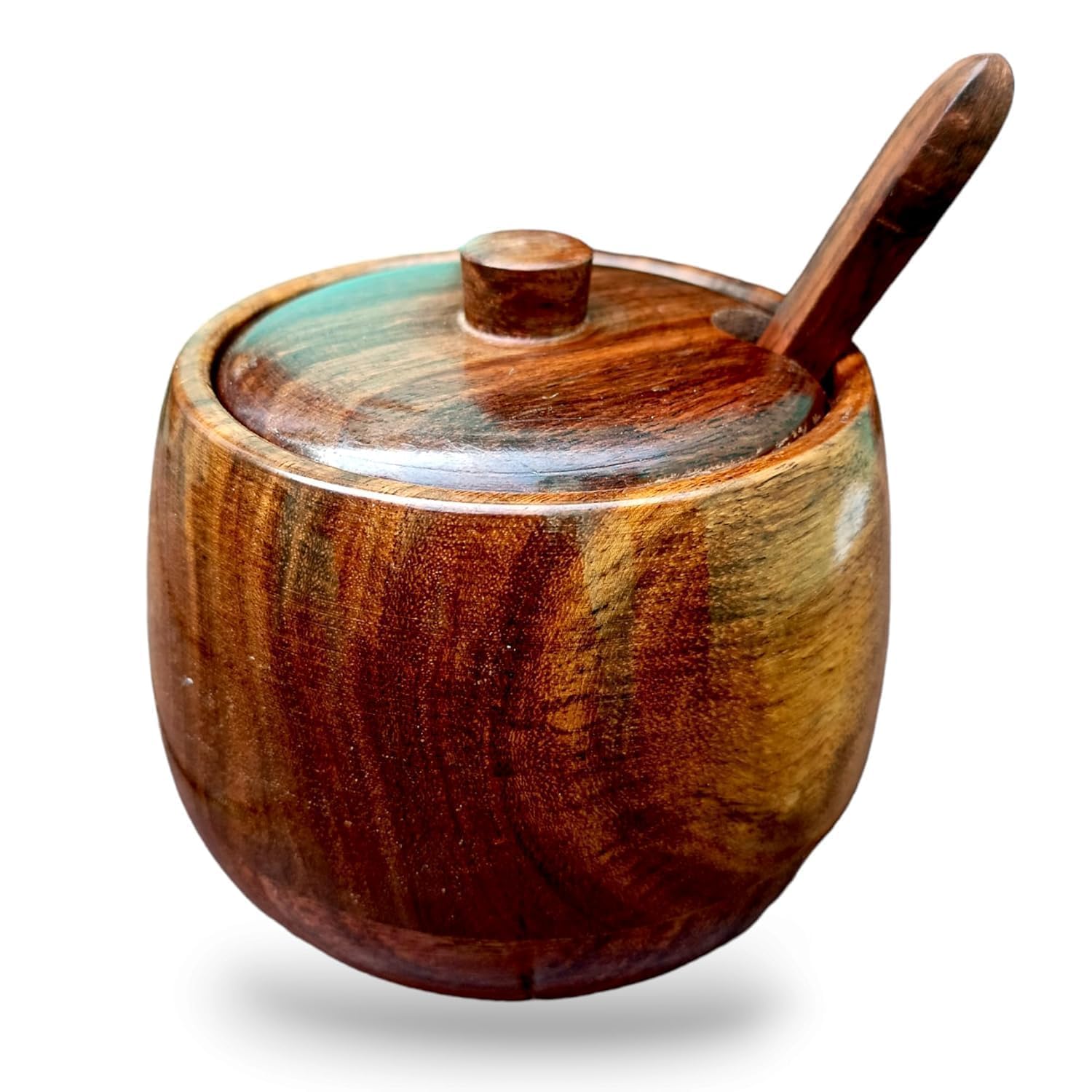 Jtku Handicraft01 Wooden Salt Box with Lid & Wooden Spoon Round Salt Container Bowl Pot Jar, Spice Jar,Tea Jar, Pure Sheesham Wood for Dinning Table Kitchen Dressing Seasoning & Spice Dispensers