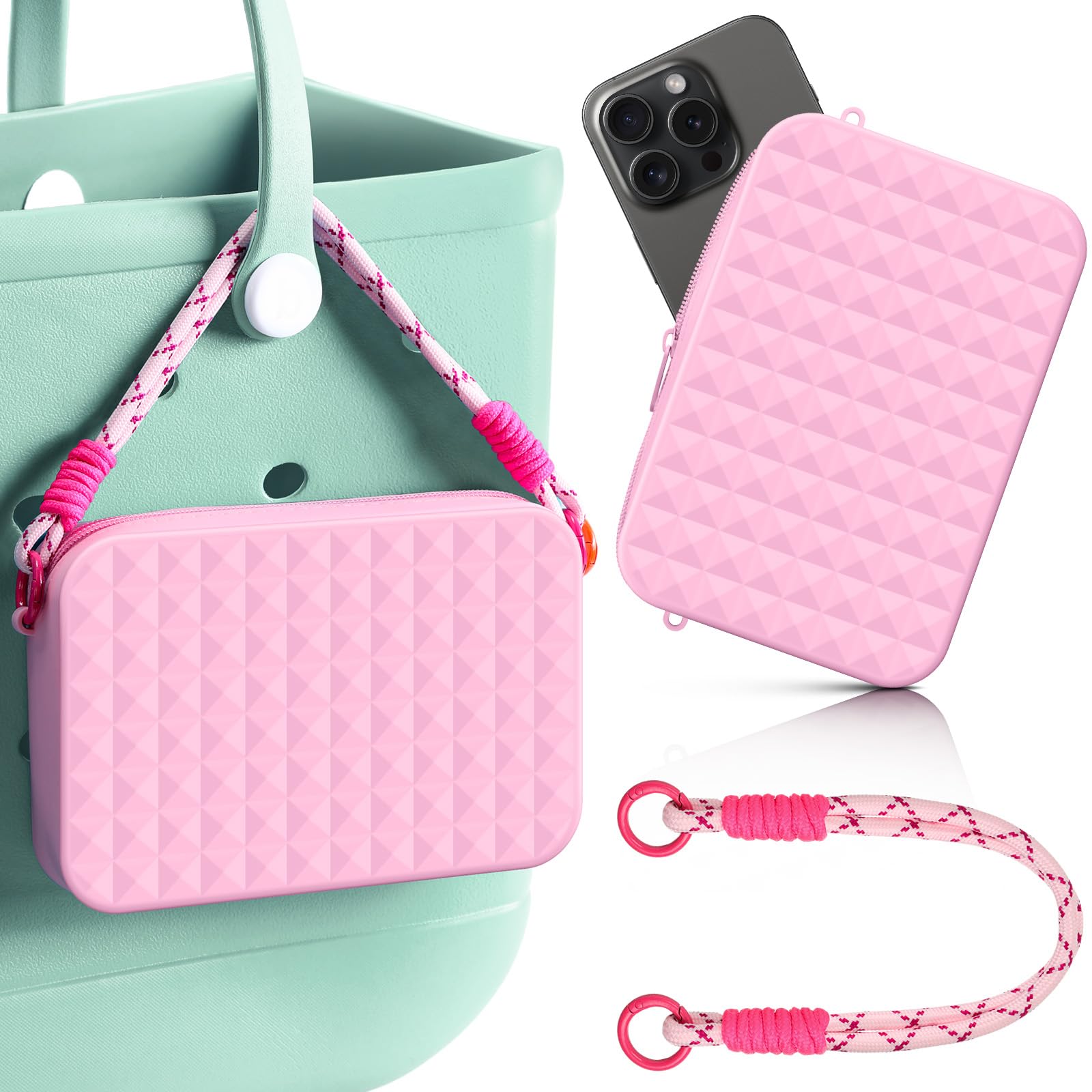 SiliFineSilicone Phone Holder with Rope Handle Compatible with Bogg Bags Soft Silicone Charm Insert Accessories and Attachment for Beach Bag Large and Portable Size Phone Case Holder (Pink)