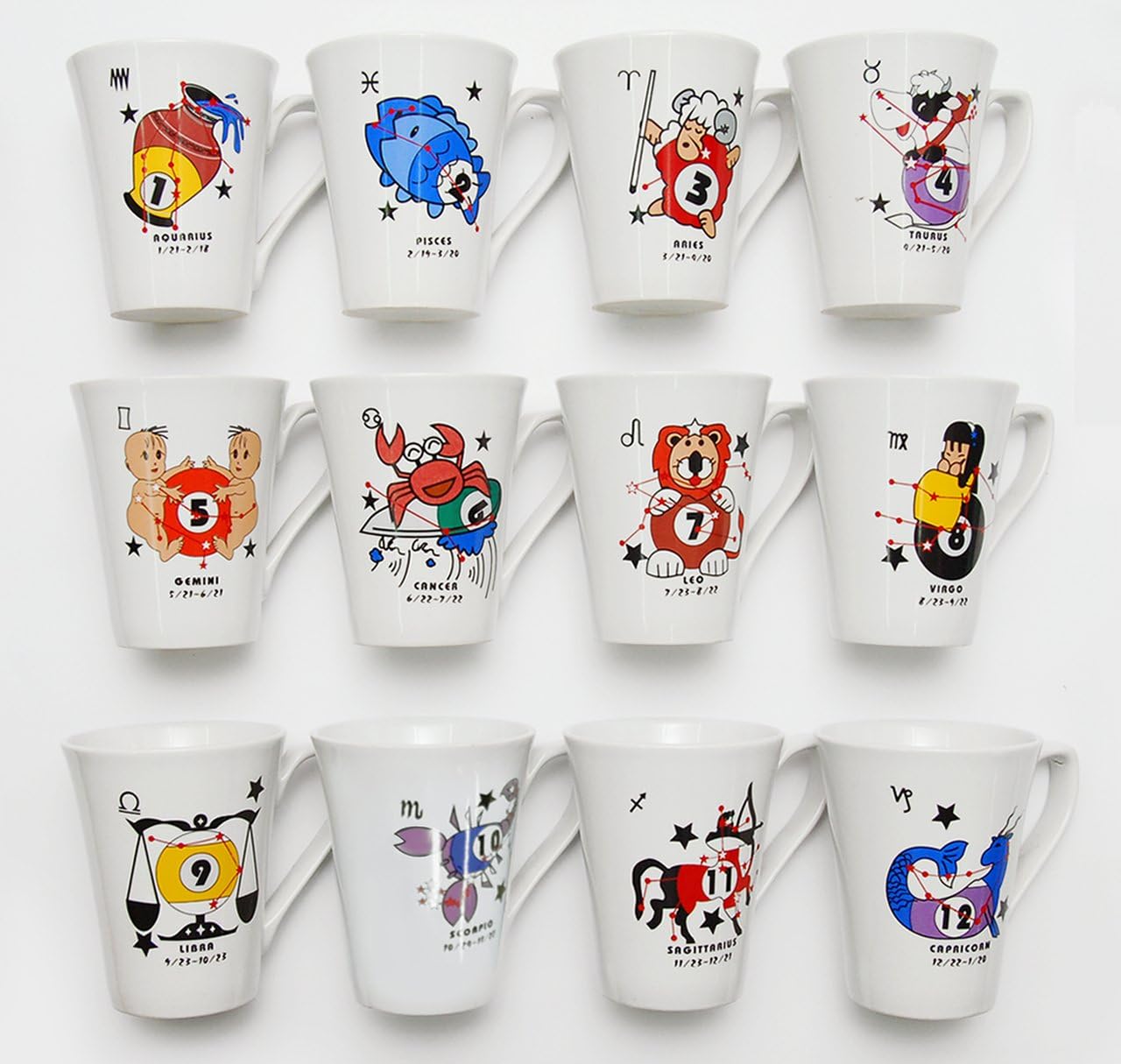 Set of 12, Ceramic Unique Coffee Tea Ceramic Drinking Mug with Handle, Billiards and Pool Gifts, Zodiac Sign