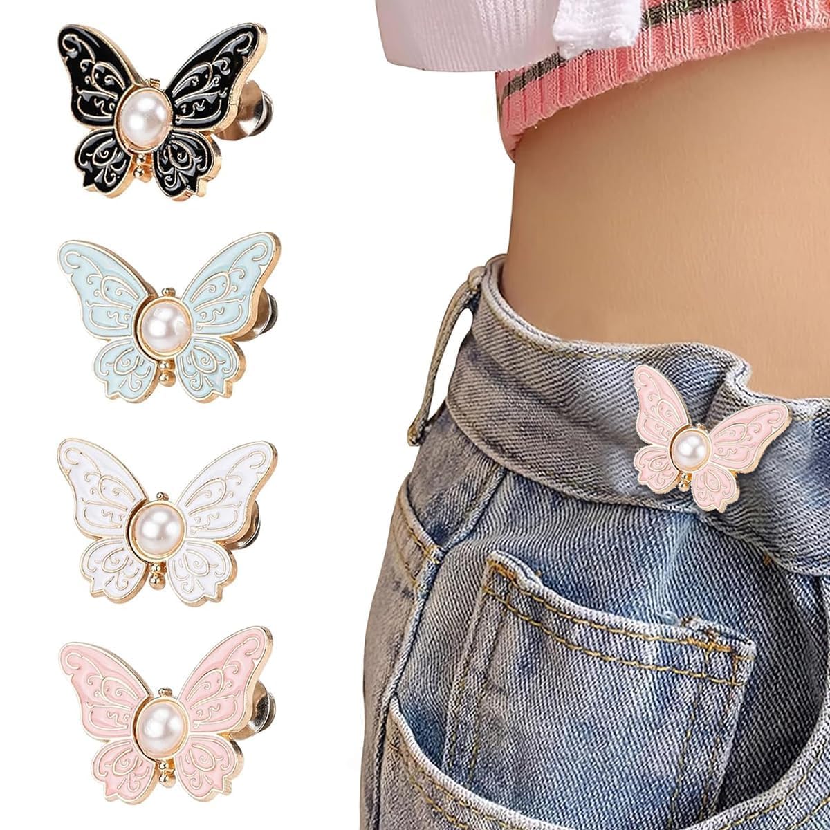 HEAVENAURA Butterfly Pearl Button Pins for Women & Girls | No-Sew Waist Adjuster Clips for Jeans, Pants, Skirts & Dresses | Metal Rhinestone Decorative Brooch Buttons (Pack of 4)-image-10