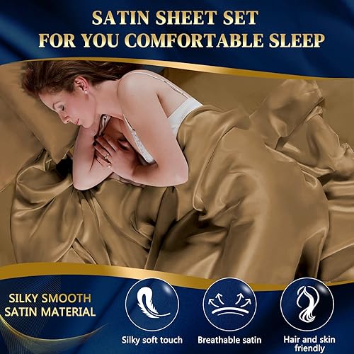 Miniatura 2 de HENGWEI - Juego de sábanas de satén tamaño Queen, juego de sábanas de 4 piezas transpirable y refrescante, juego de sábanas de seda tamaño Queen con