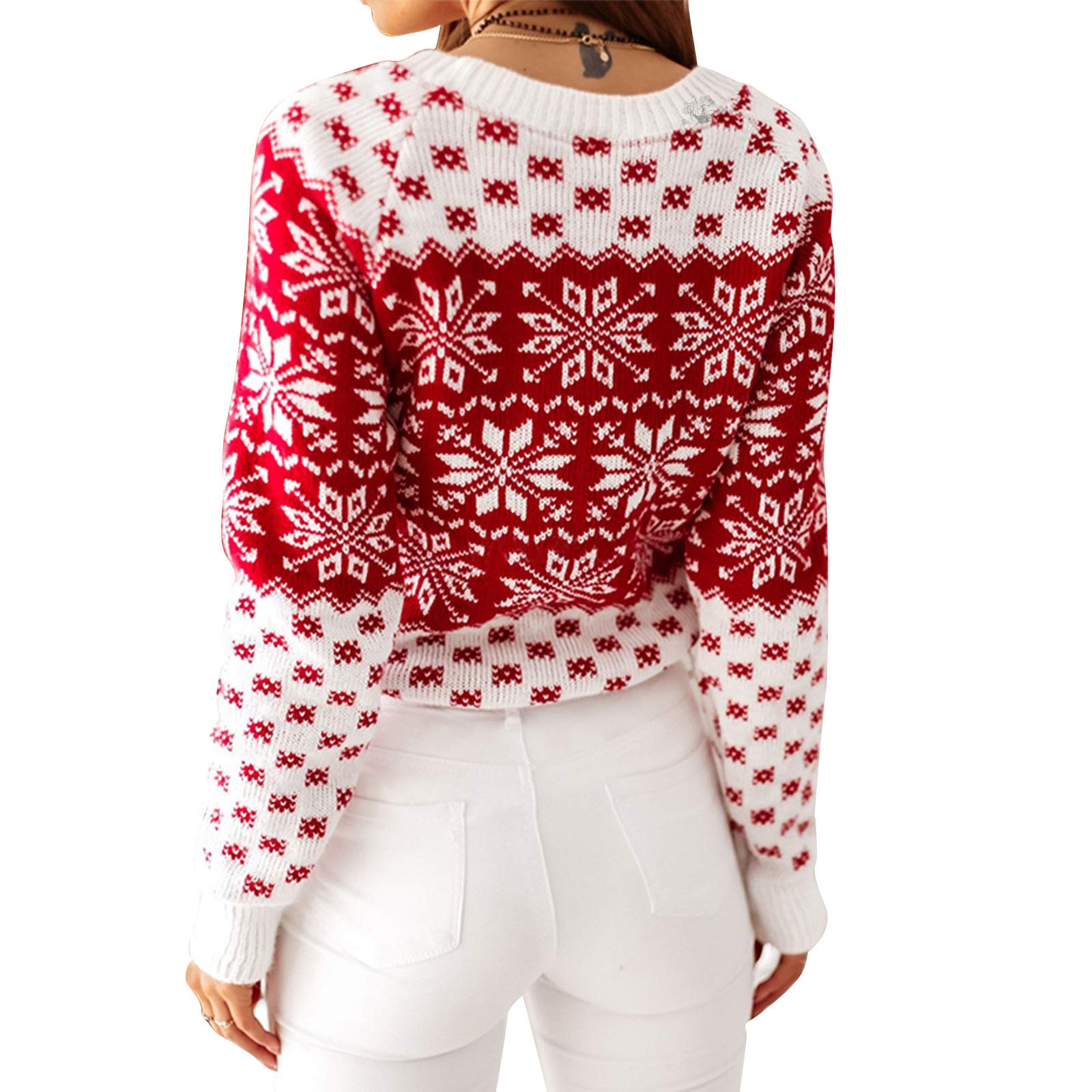 EXLURA Patterns Reindeer Ugly Christmas Crew Neck Long Sleeve Sweater Jumper Pullover Knitted Printed Tops