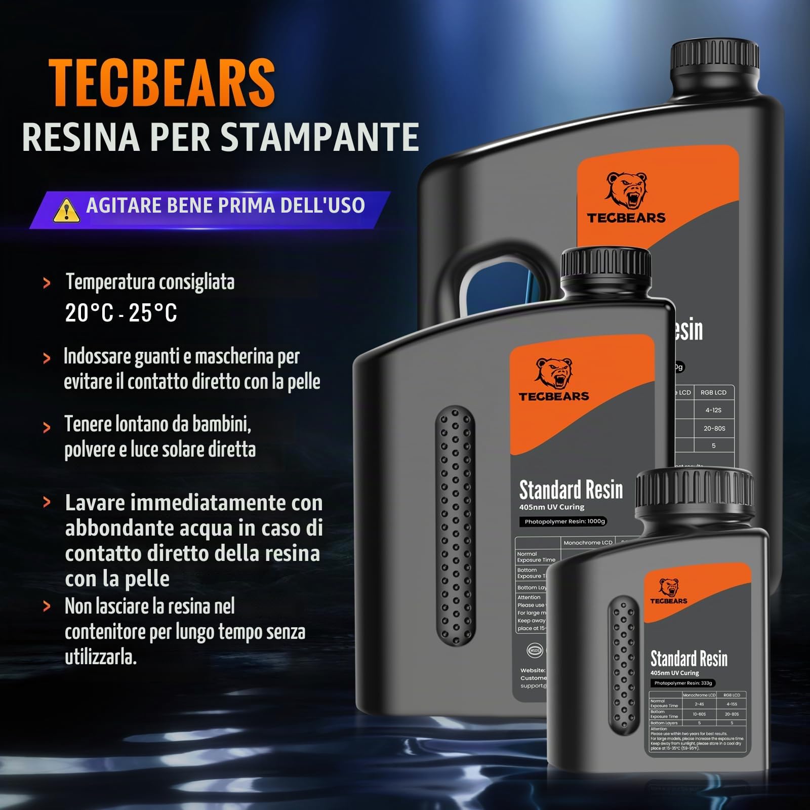 TECBEARS Resine Standard Stampante 3D Grigio 2KG, Alta Precisione, Eccellente Fluidità e Bassa Contrazione Resina UV 405 nm per Stampanti 3D LCD/DLP/SLA