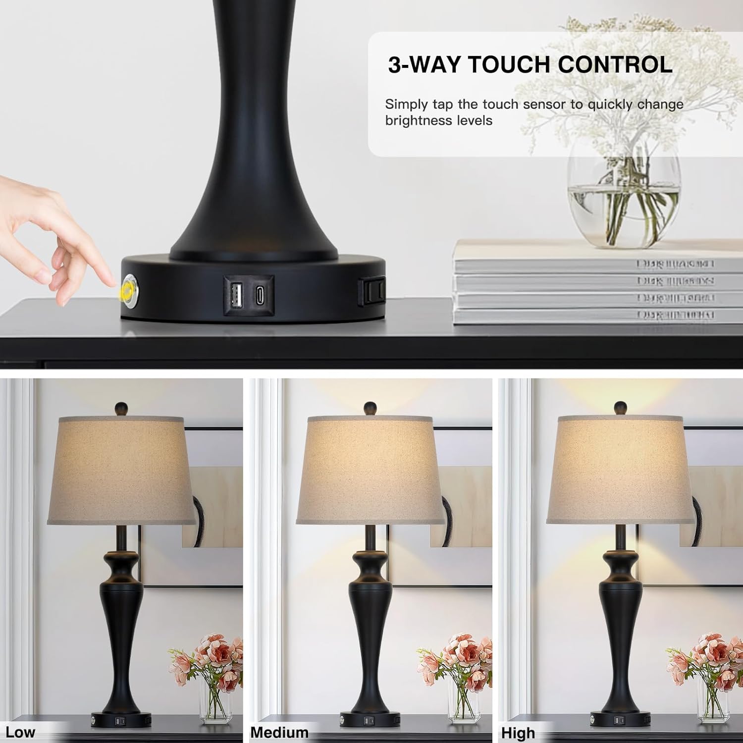 30" Black Table Lamps Set of 2, Touch Control Tall Living Room Lamp with USB A+C Ports and AC Outlet, 3-Way Dimmable Bedside Lamps for Nightstand, Modern Metal Bedroom Lamp, 2 Bulbs Included