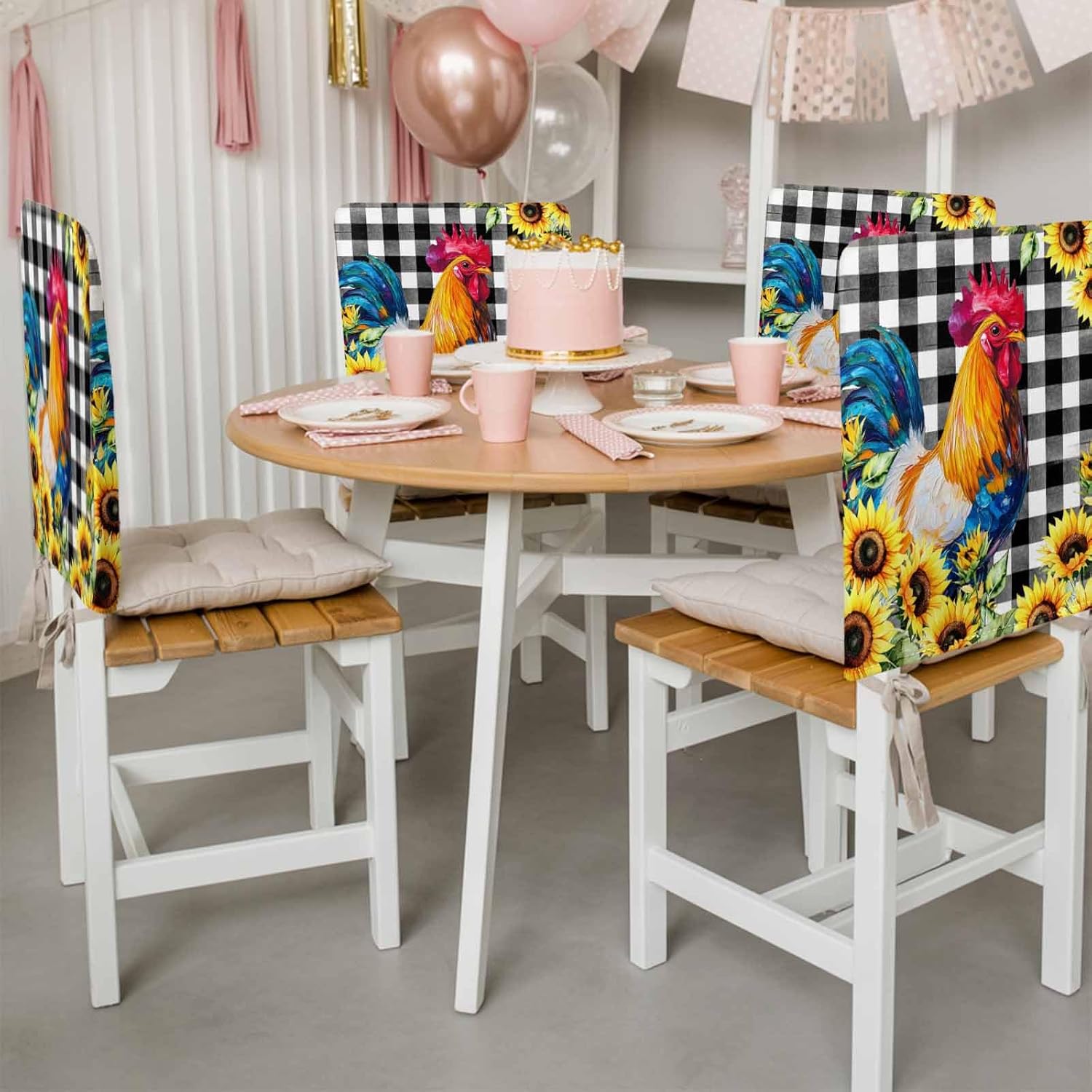 4 Pack Chair Back Covers, Watercolor Rustic Rooster Sunflower Dining Room Chair Cover Washable Chair Slipcover Back Chair Protector for Holiday Party Kitchen Home Black White Buffalo Check