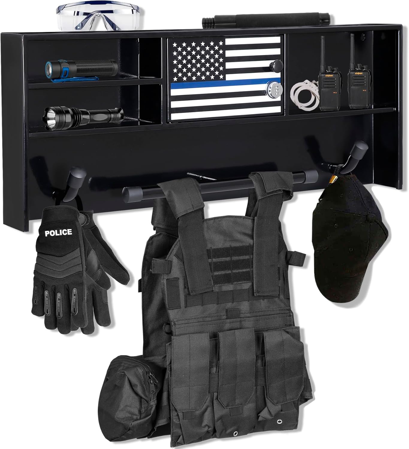 Police Gear Stand, Police Hanger, Tactical Duty Gear Rack with 3 Hooks, Free-Standing All Iron Frame Police Gift Decor with Flag, Black, Come Home Safe