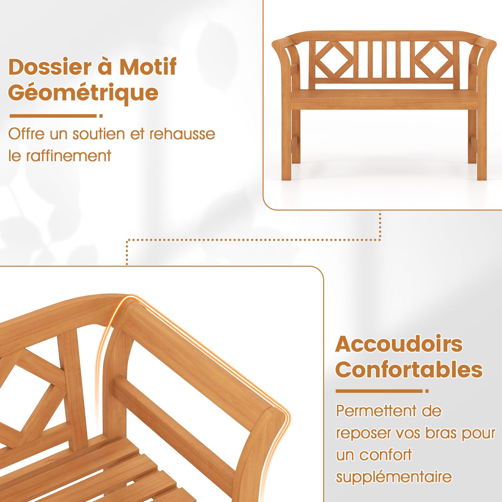 COSTWAY Banc de Jardin en Bois d'Acacia, Banc Exterieur Jardin à 2 Places, Dossier à Motif Géométrique, Accoudoirs, Banquette pour Balcon Porche Piscine, Charge 360 kg, 118 × 50 × 78,5 cm (Style 2)
