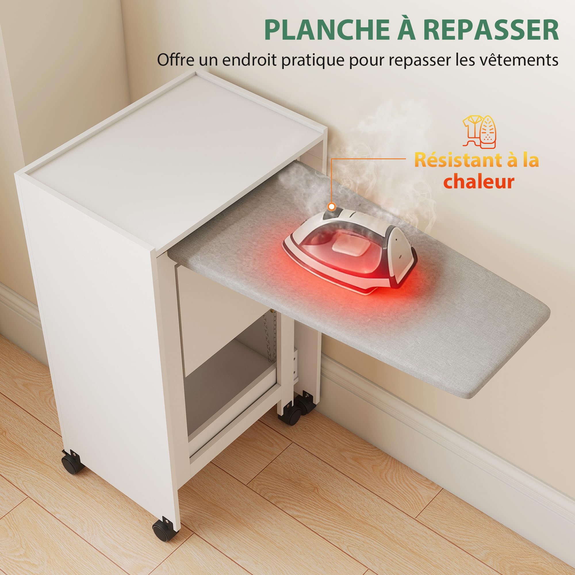HOMCOM Meuble à Repasser Pliante sur roulettes 154x55x87cm Blanc | Table à Repasser avec Repose-Fer, Portes par Pression, Charnières à Fermeture Douce, pour Petits Espaces, Buanderie