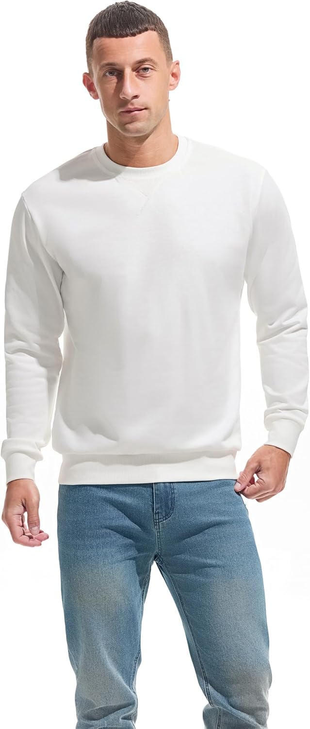 VEIISAR Men's Crewneck Sweatshirt - Basic Long Sleeve Pullover for Casual & Athletic Wear (616 White S) - Image 2