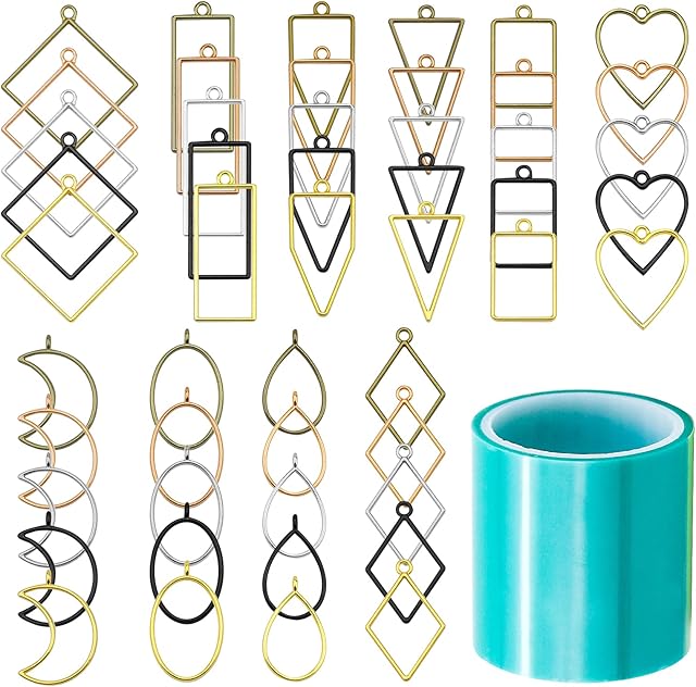 51 Pcs Open Bezel Frame Pendants Charm Geometric Hollow Trays, Open Back Pendants Molds, Assorted Shape Alloy Blanks Mold with 1 Roll of Seamless Tape for Resin Casting, DIY Crafts Making
