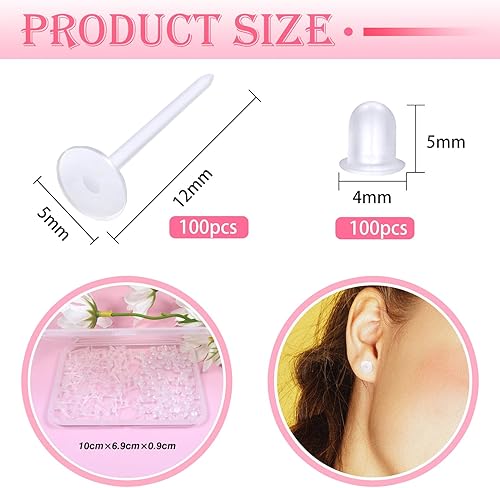 Miniatura 2 de TOAOB - 100 aretes invisibles de plástico perforados de 0.197 in, alfileres en blanco, pequeños hallazgos de cabeza pequeña, postes de aretes de