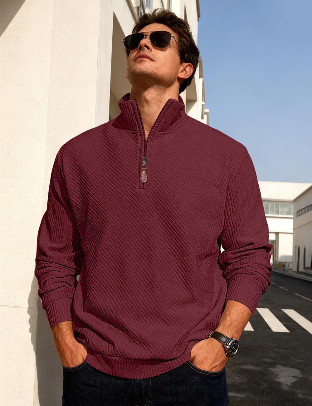 Mens Sweaters Pullover Sweater Casual Athletic Long Sleeve Quarter Zipper Stand Collar Sweatshirt - Image 4